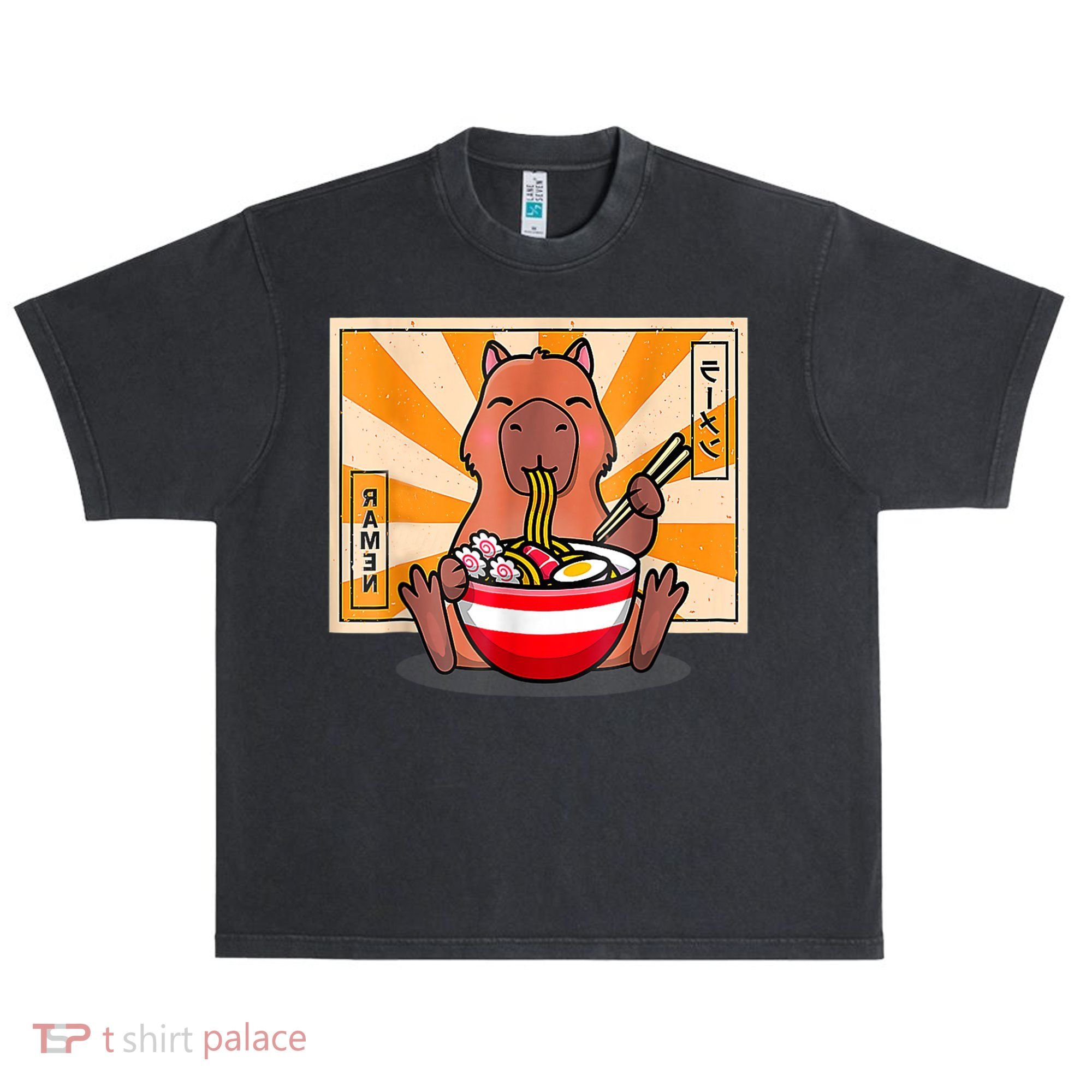 Cute Capybara Eating Ramen Funny Animal Anime Manga Urban Oversized Heavyweight T-Shirt