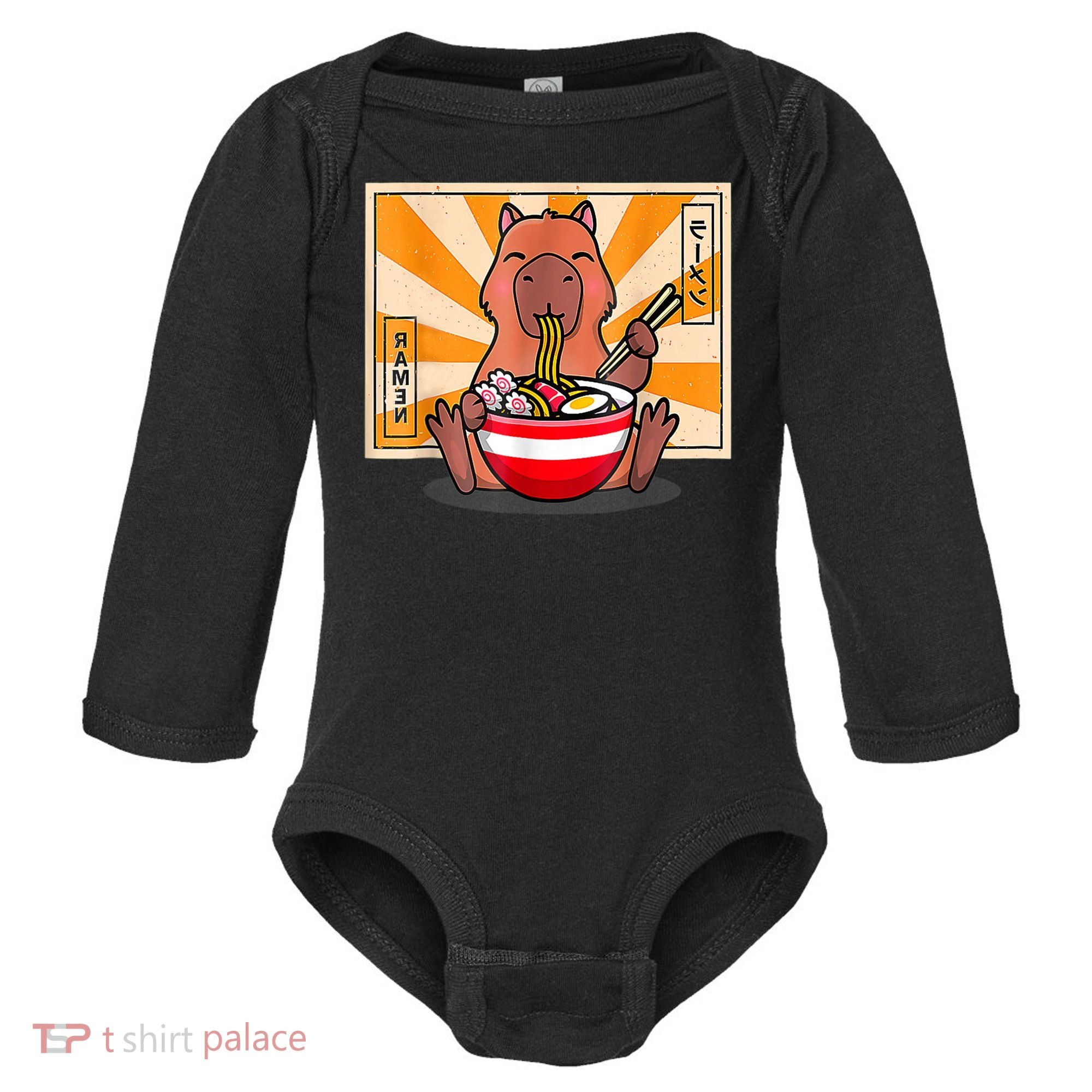 Cute Capybara Eating Ramen Funny Animal Anime Manga Baby Long Sleeve Bodysuit