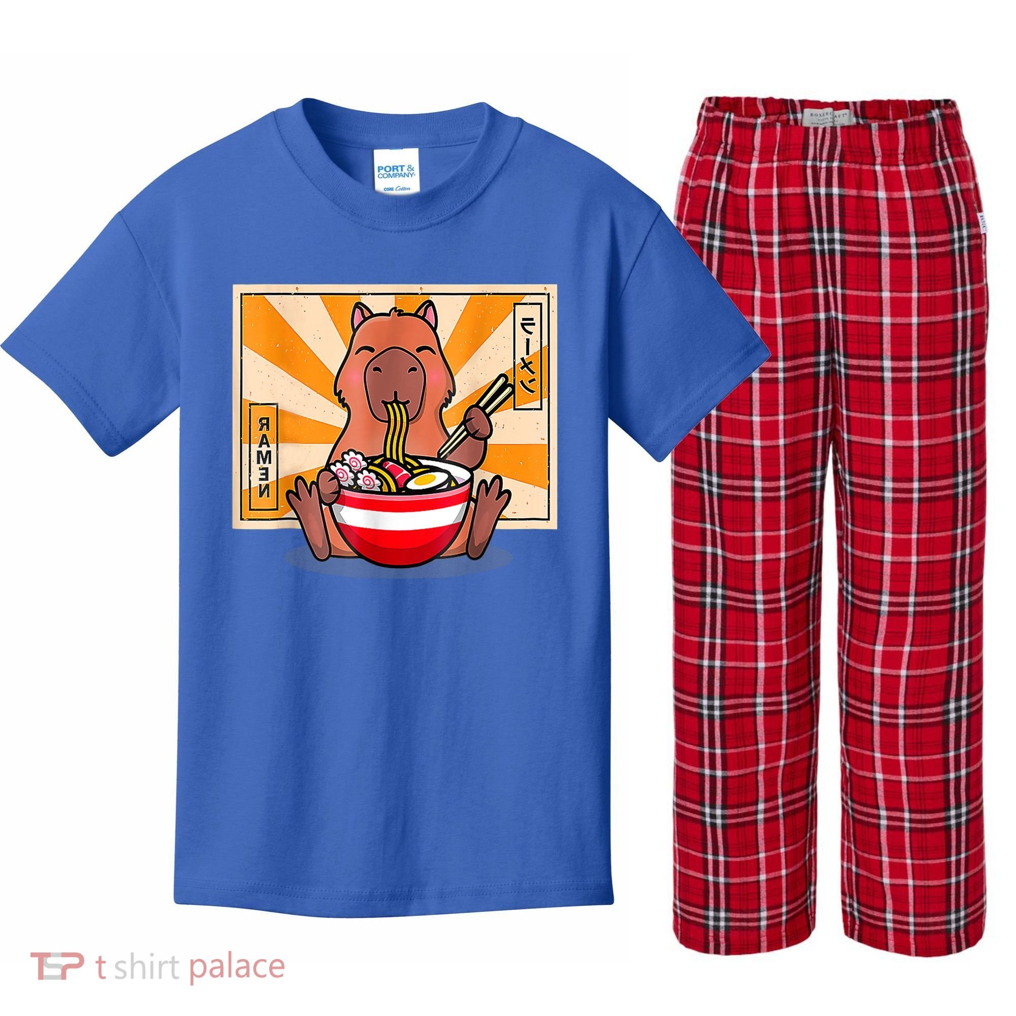 Cute Capybara Eating Ramen Funny Animal Anime Manga Kids Plaid Pajama Set