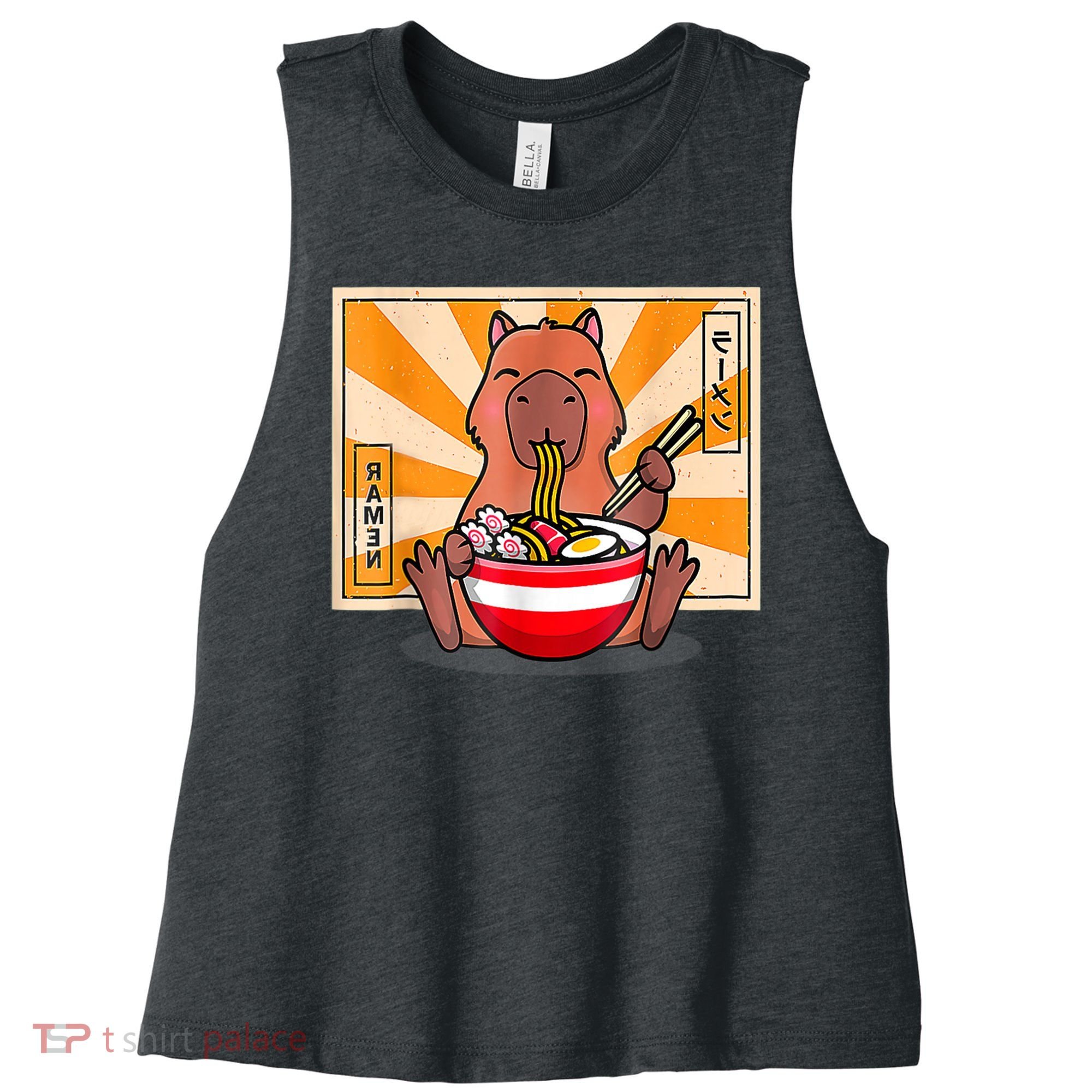 Cute Capybara Eating Ramen Funny Animal Anime Manga Women's Racerback Cropped Tank