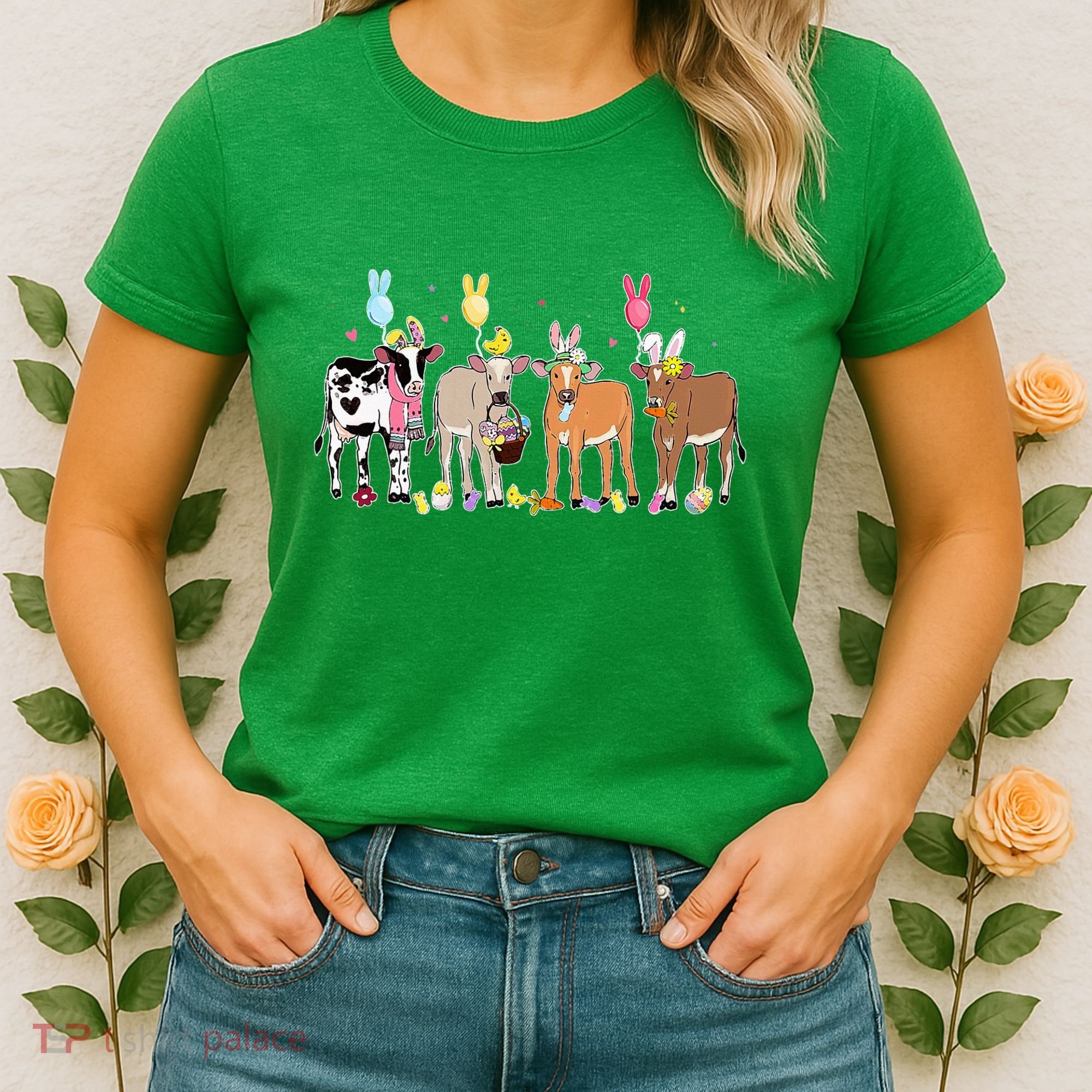 Cute Cow Easter Day Farm Animals Easter Eggs Bunny Women's T-Shirt