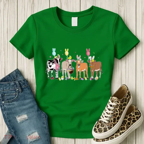 Cute Cow Easter Day Farm Animals Easter Eggs Bunny Women's T-Shirt