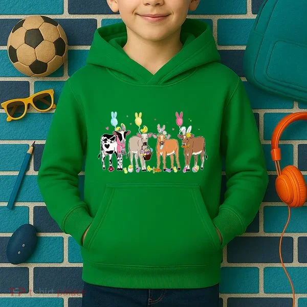 Cute Cow Easter Day Farm Animals Easter Eggs Bunny Kids Hoodie