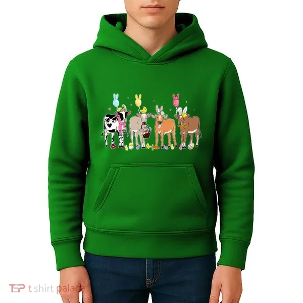 Cute Cow Easter Day Farm Animals Easter Eggs Bunny Kids Hoodie