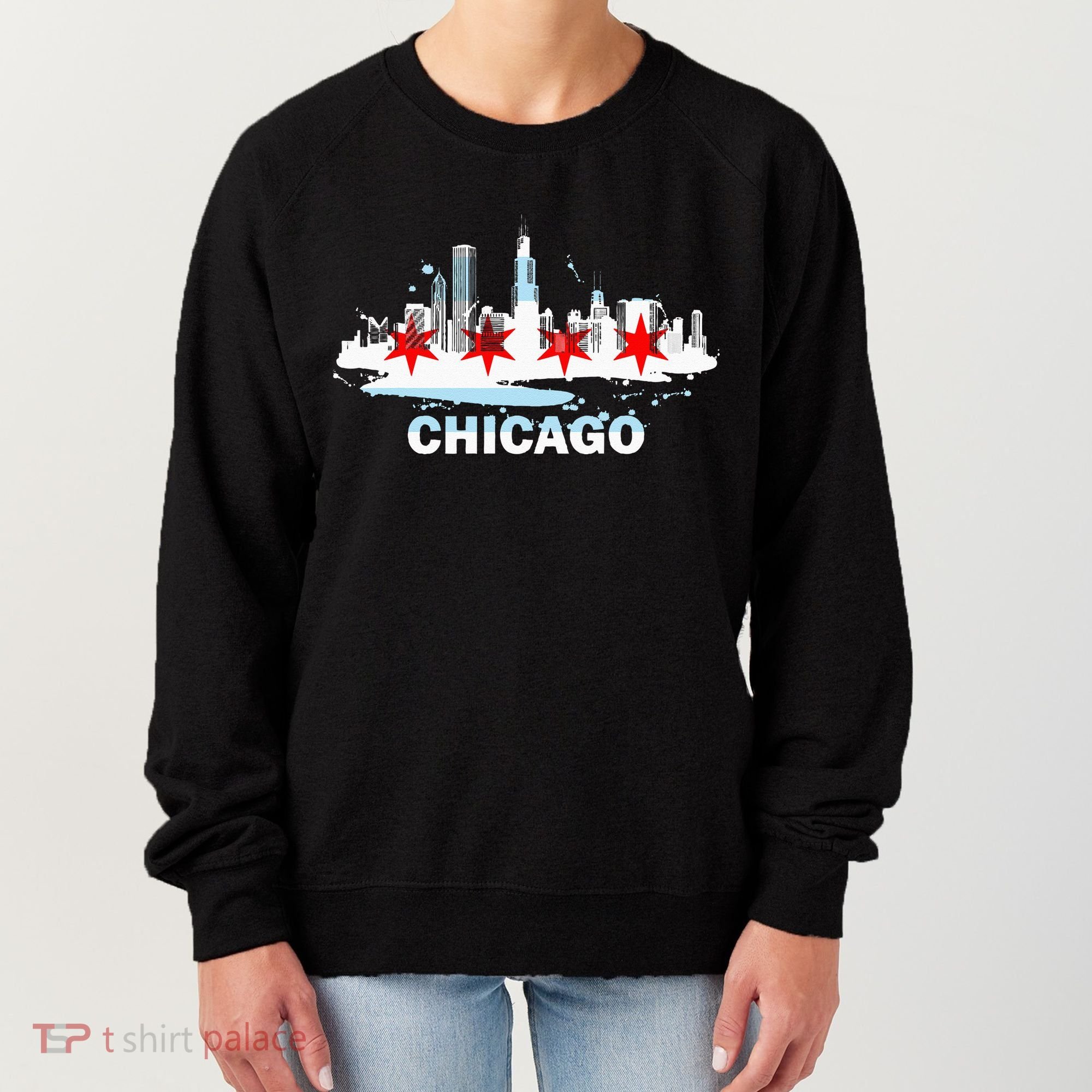 Chicago City Flag Downtown Skyline Chicago Skyline Women's Sweatshirt