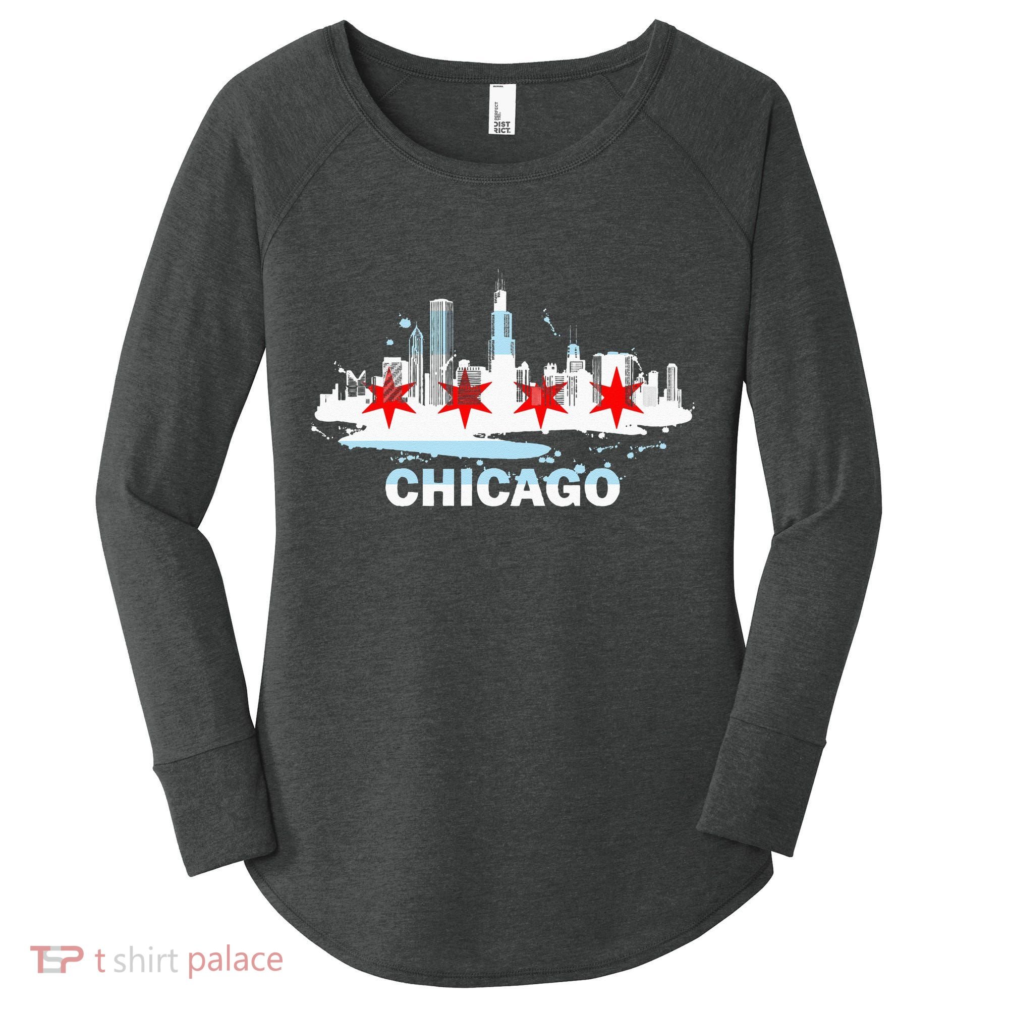 Chicago City Flag Downtown Skyline Chicago Skyline Women's Perfect Tri Tunic Long Sleeve Shirt