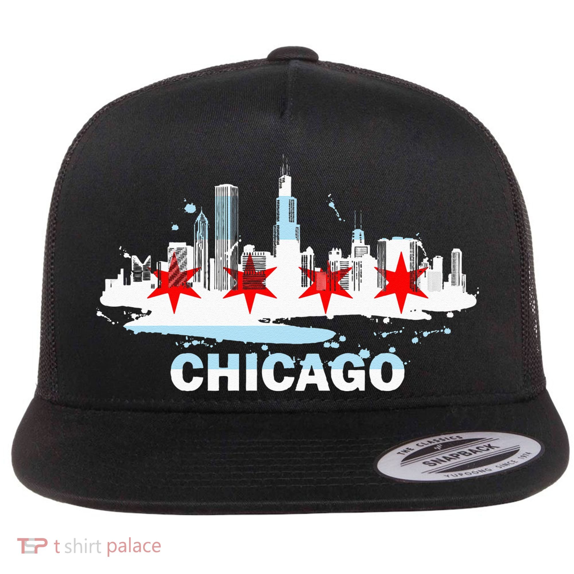 Chicago City Flag Downtown Skyline Chicago Skyline Flat Bill Trucker Hat
