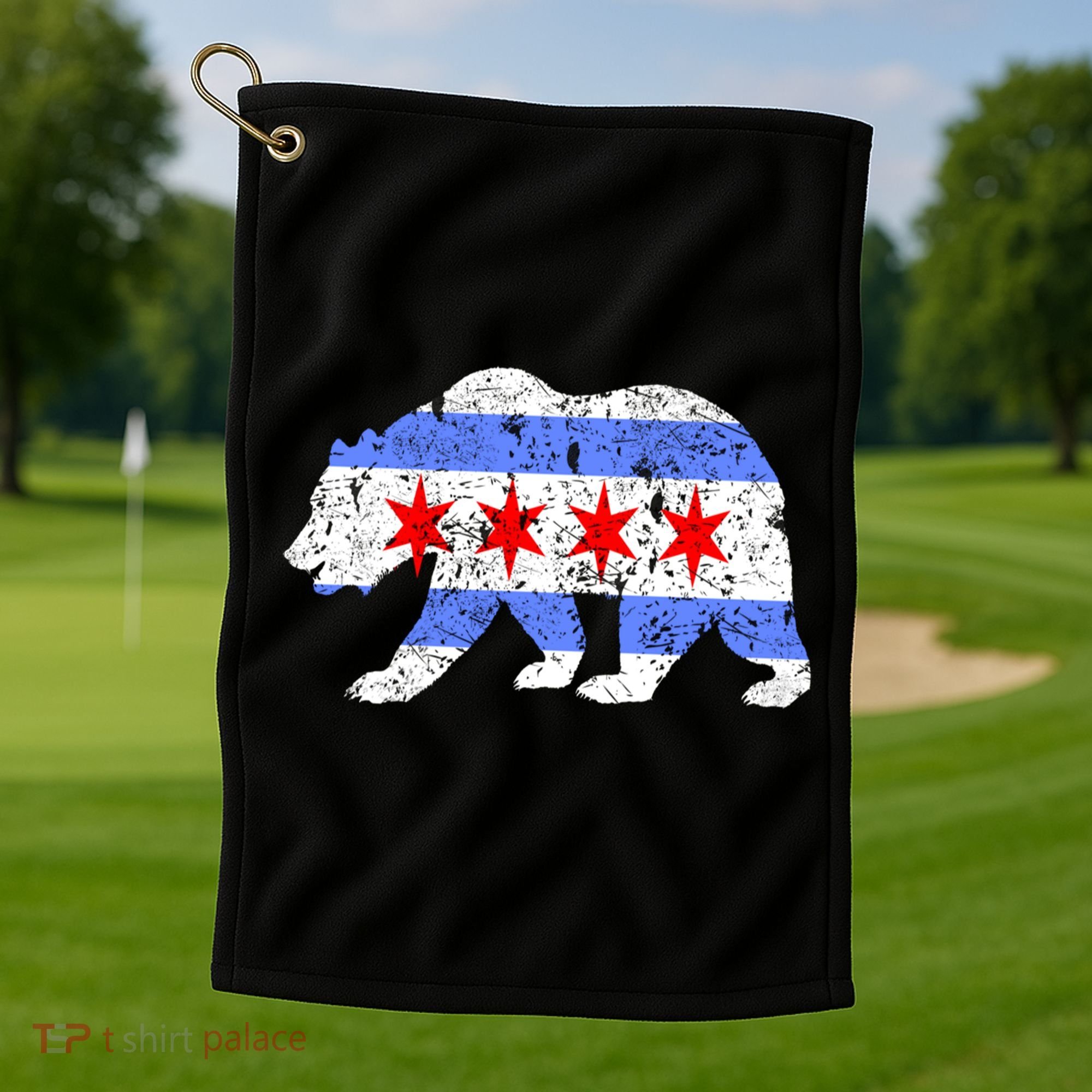 Chicago City Flag Distressed Bear Gift Golf Towel