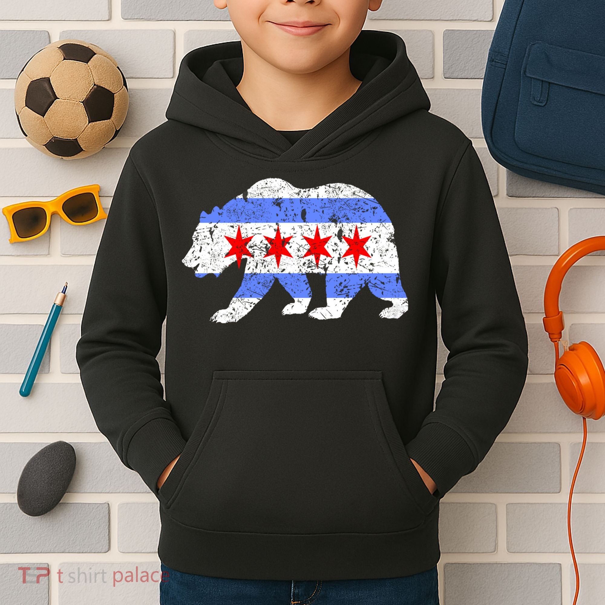 Chicago City Flag Distressed Bear Gift Kids Hoodie