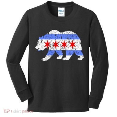 Chicago City Flag Distressed Bear Gift Kids Long Sleeve Shirt
