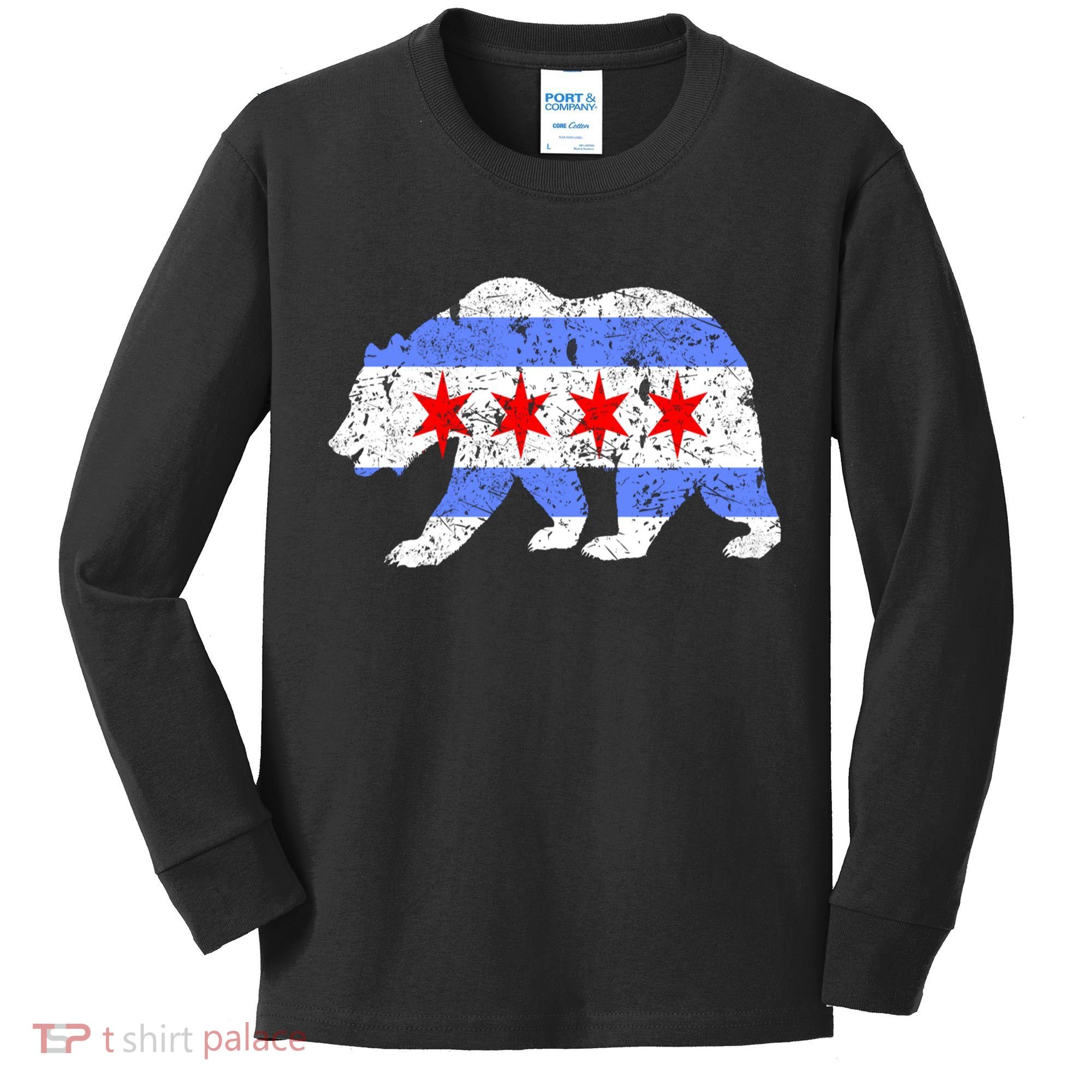Chicago City Flag Distressed Bear Gift Kids Long Sleeve Shirt