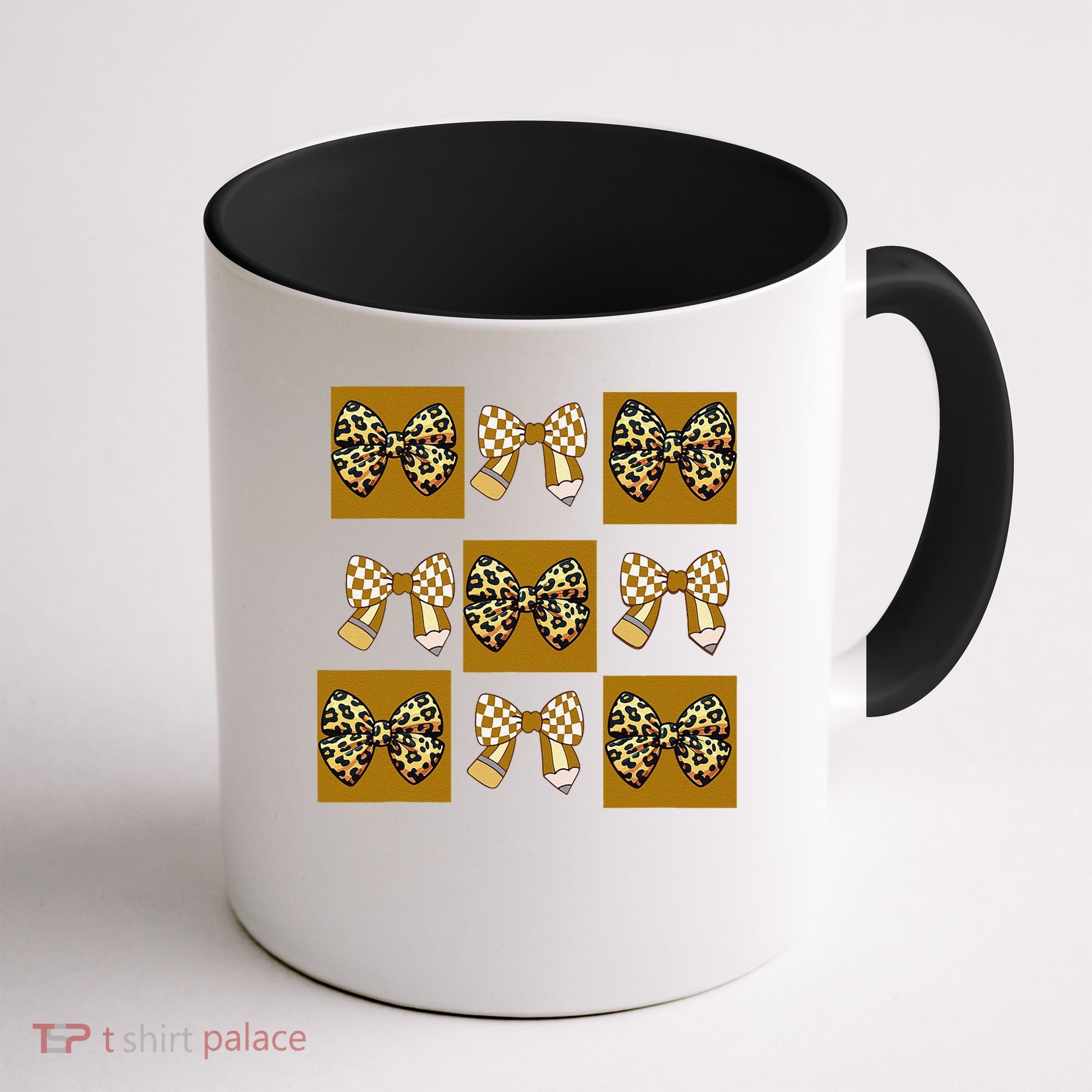 Cute Checkered Grid Leopard Coquette Bow PencilFirst Grade Coffee Mug