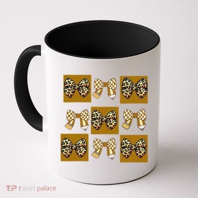 Cute Checkered Grid Leopard Coquette Bow PencilFirst Grade Coffee Mug