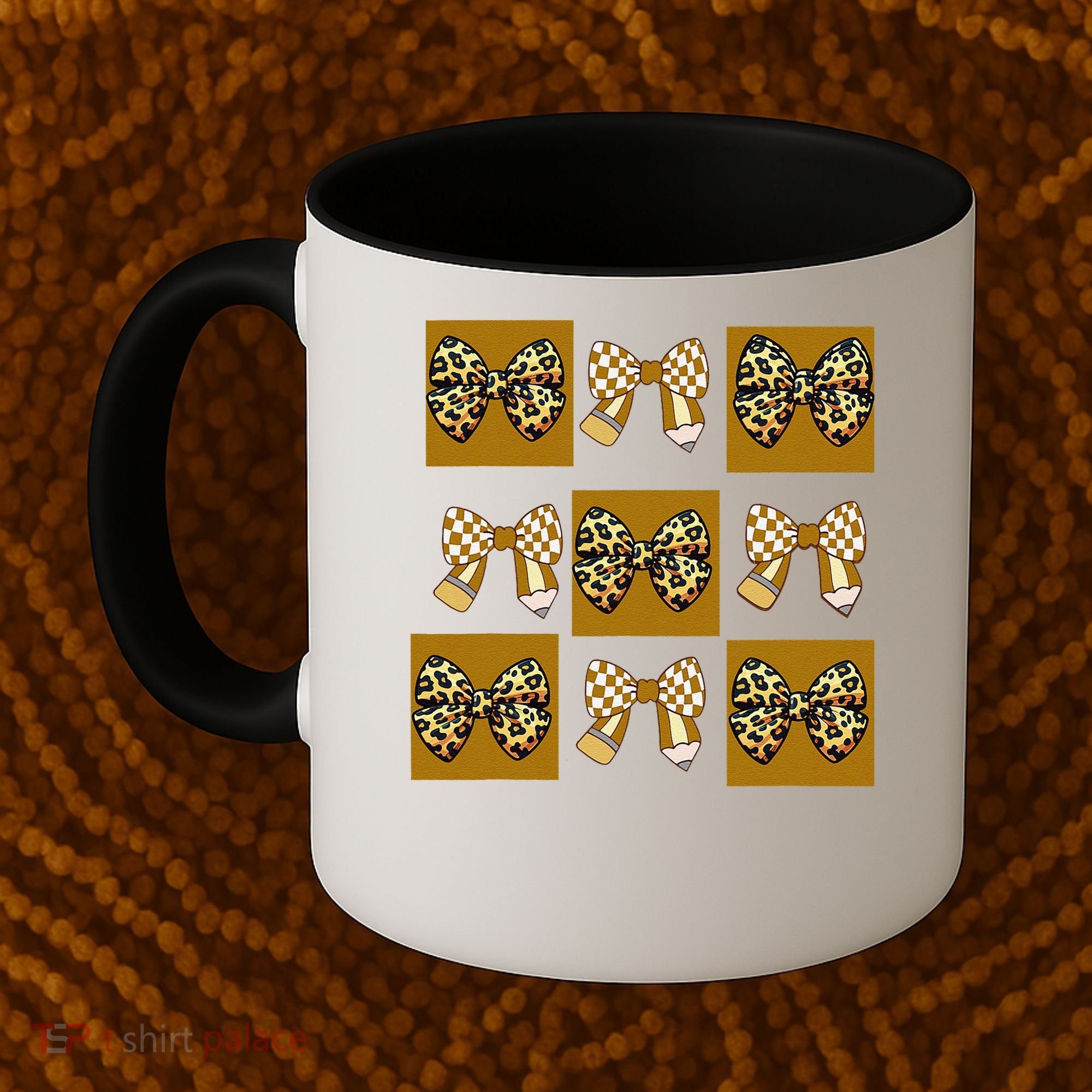 Cute Checkered Grid Leopard Coquette Bow PencilFirst Grade Coffee Mug
