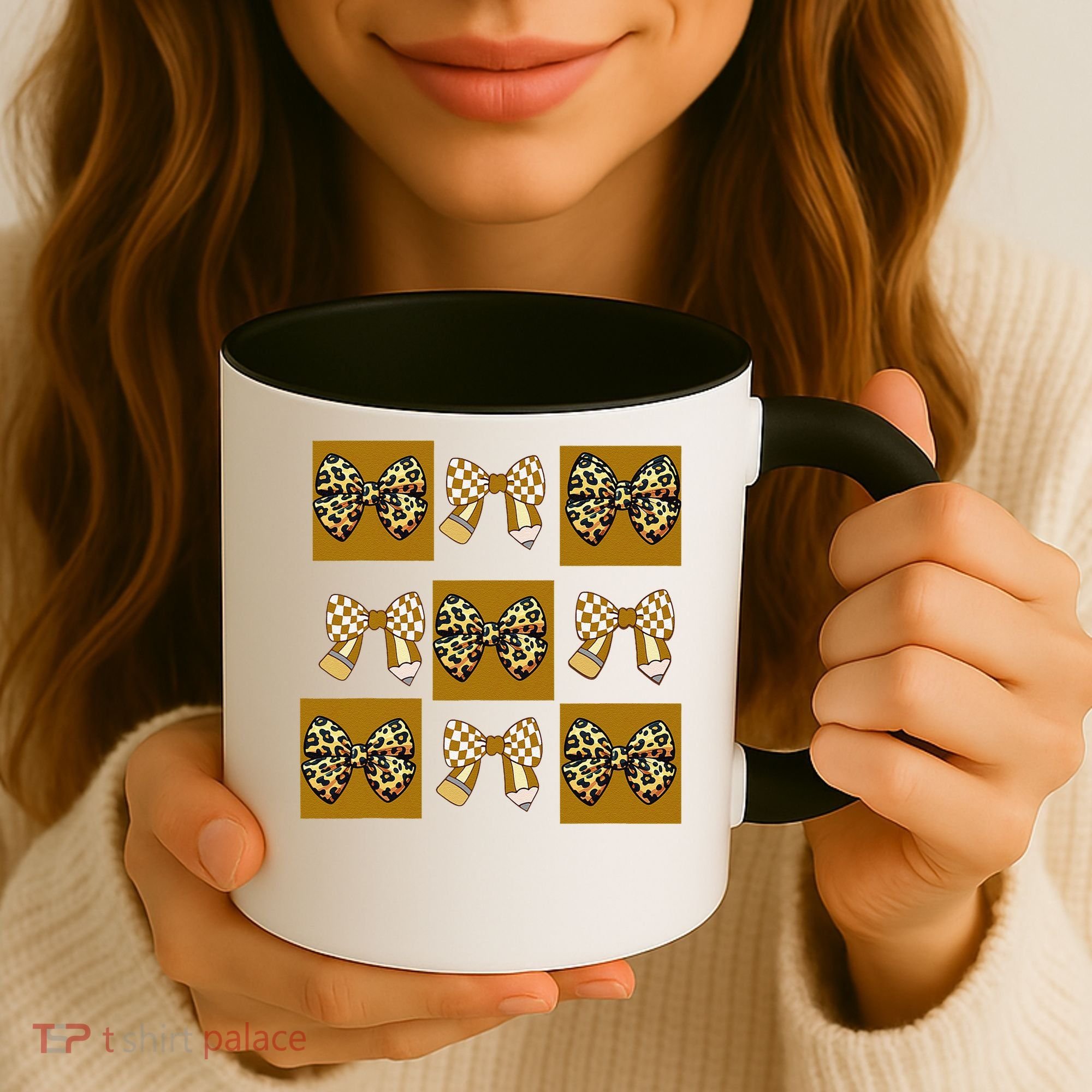 Cute Checkered Grid Leopard Coquette Bow PencilFirst Grade Coffee Mug