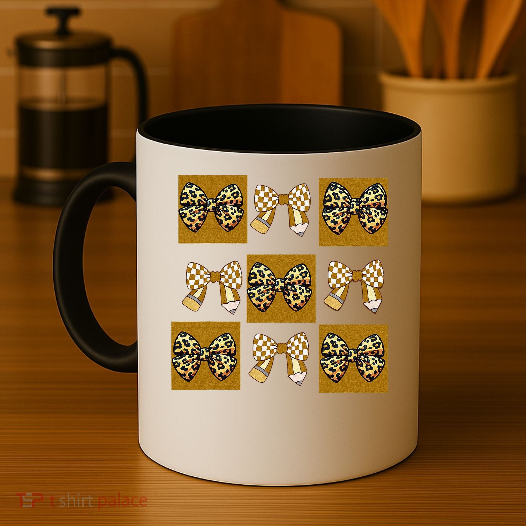 Cute Checkered Grid Leopard Coquette Bow PencilFirst Grade Coffee Mug