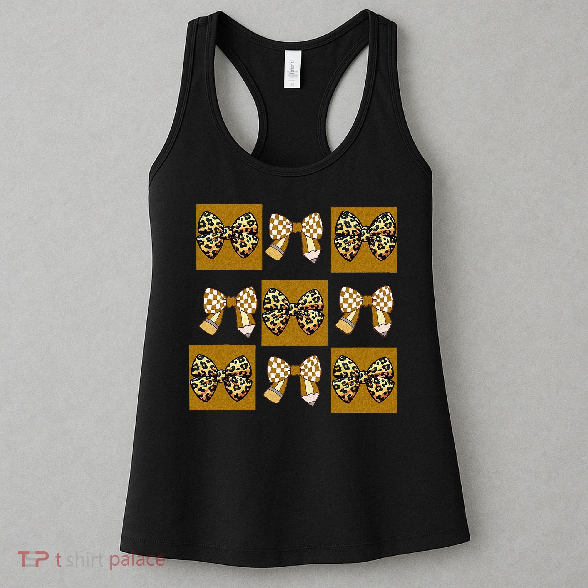 Cute Checkered Grid Leopard Coquette Bow PencilFirst Grade Women's Tank Top