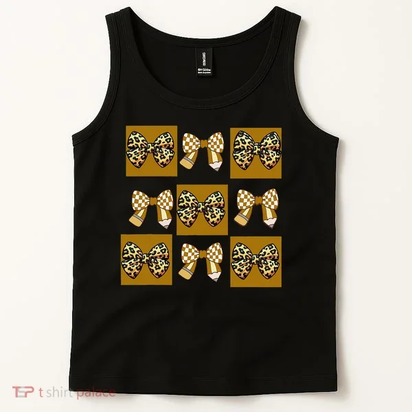 Cute Checkered Grid Leopard Coquette Bow PencilFirst Grade Tank Top