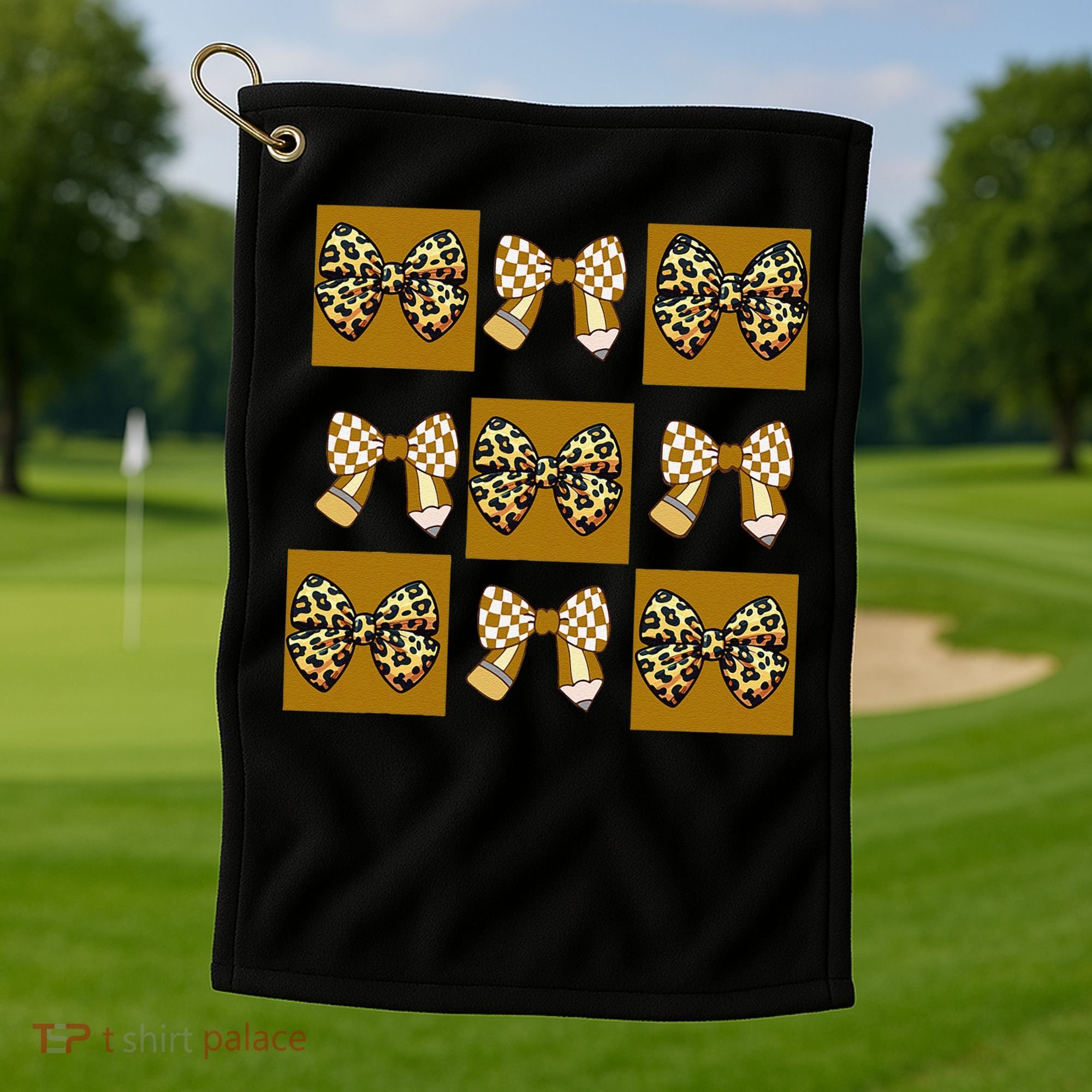Cute Checkered Grid Leopard Coquette Bow PencilFirst Grade Golf Towel