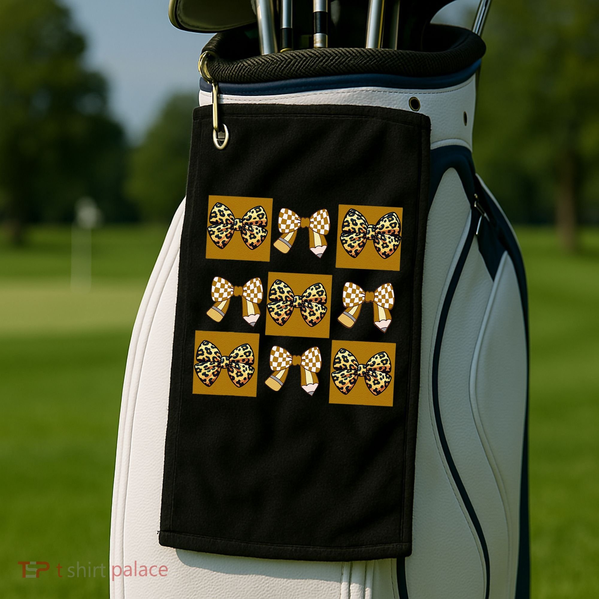 Cute Checkered Grid Leopard Coquette Bow PencilFirst Grade Golf Towel