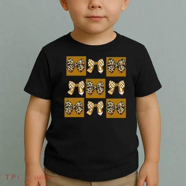 Cute Checkered Grid Leopard Coquette Bow PencilFirst Grade Toddler T-Shirt