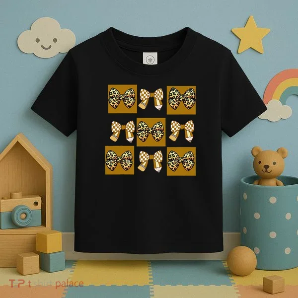 Cute Checkered Grid Leopard Coquette Bow PencilFirst Grade Toddler T-Shirt