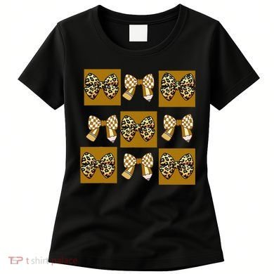 Cute Checkered Grid Leopard Coquette Bow PencilFirst Grade Women's T-Shirt