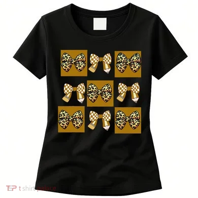 Cute Checkered Grid Leopard Coquette Bow PencilFirst Grade Women's T-Shirt