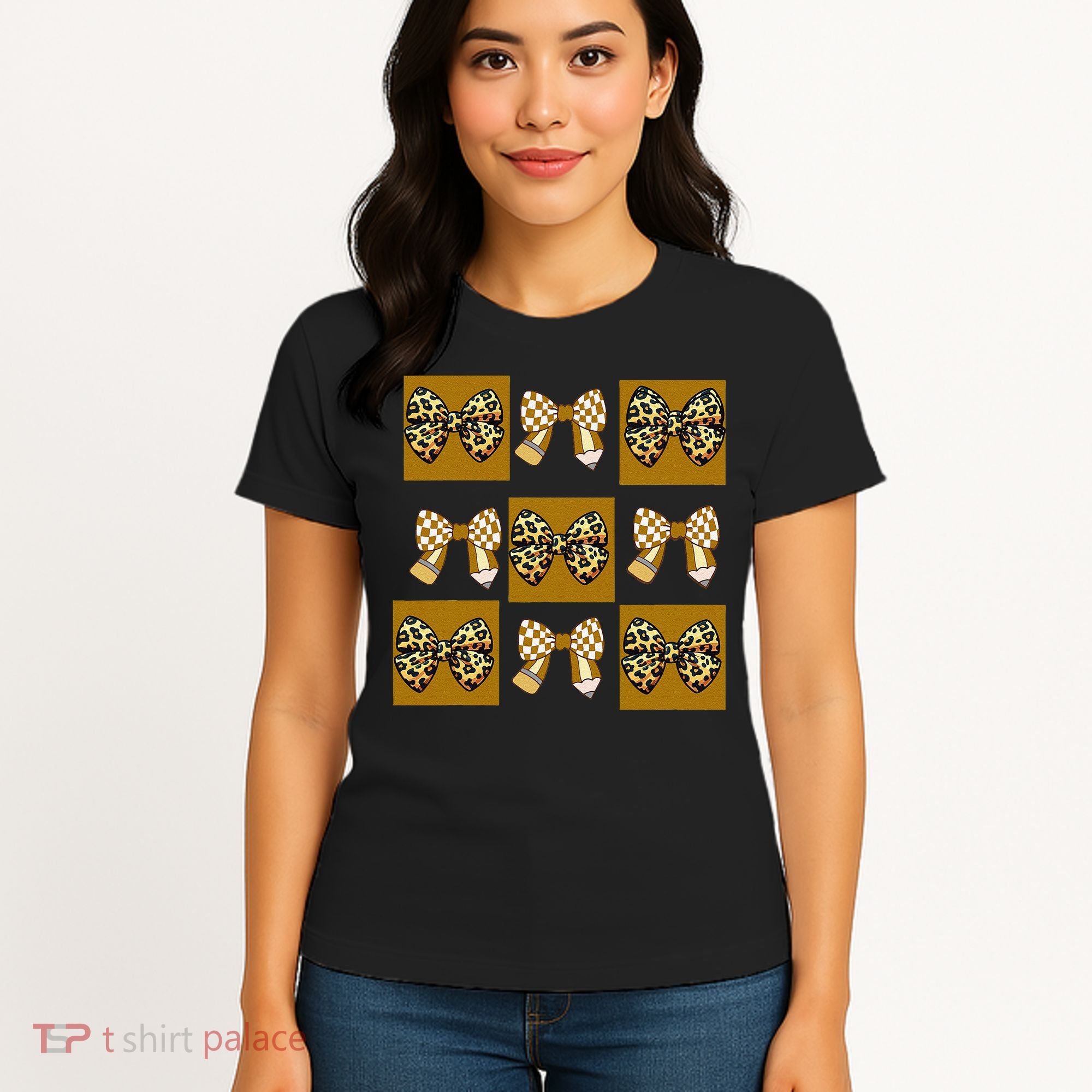 Cute Checkered Grid Leopard Coquette Bow PencilFirst Grade Women's T-Shirt