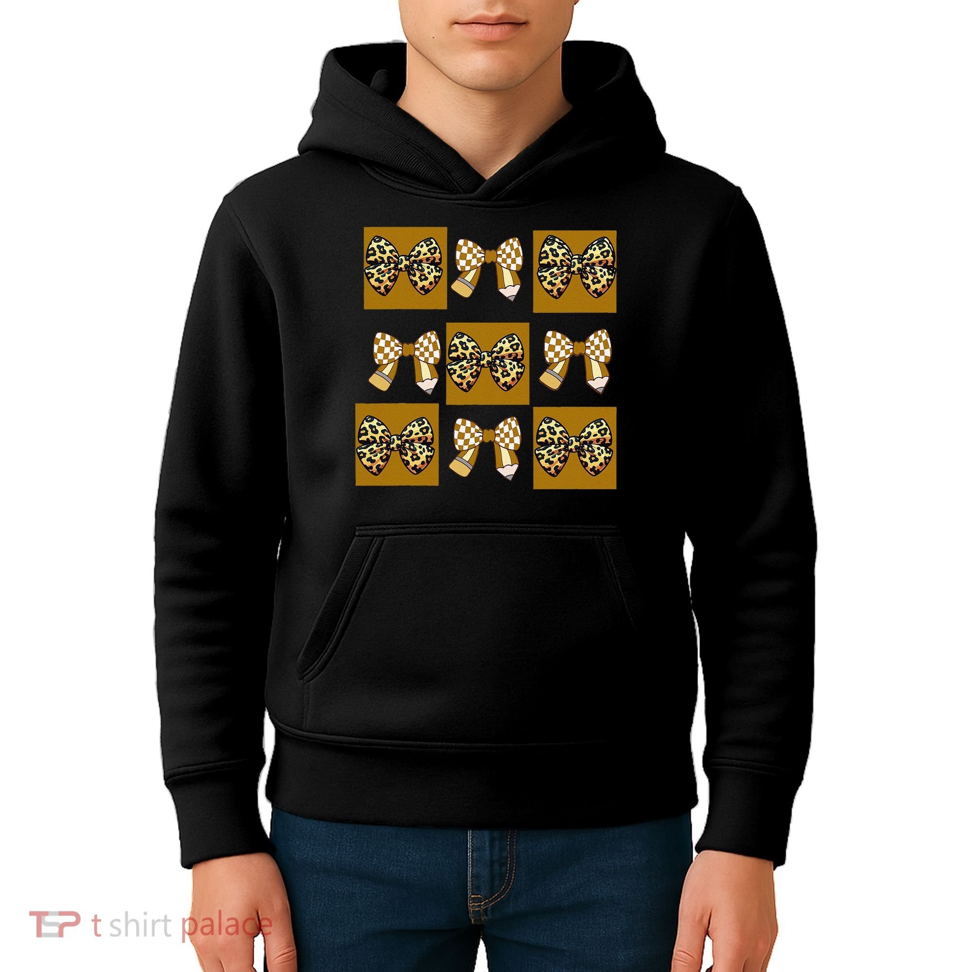 Cute Checkered Grid Leopard Coquette Bow PencilFirst Grade Kids Hoodie