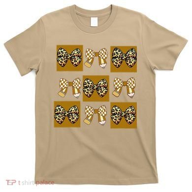 Cute Checkered Grid Leopard Coquette Bow PencilFirst Grade T-Shirt