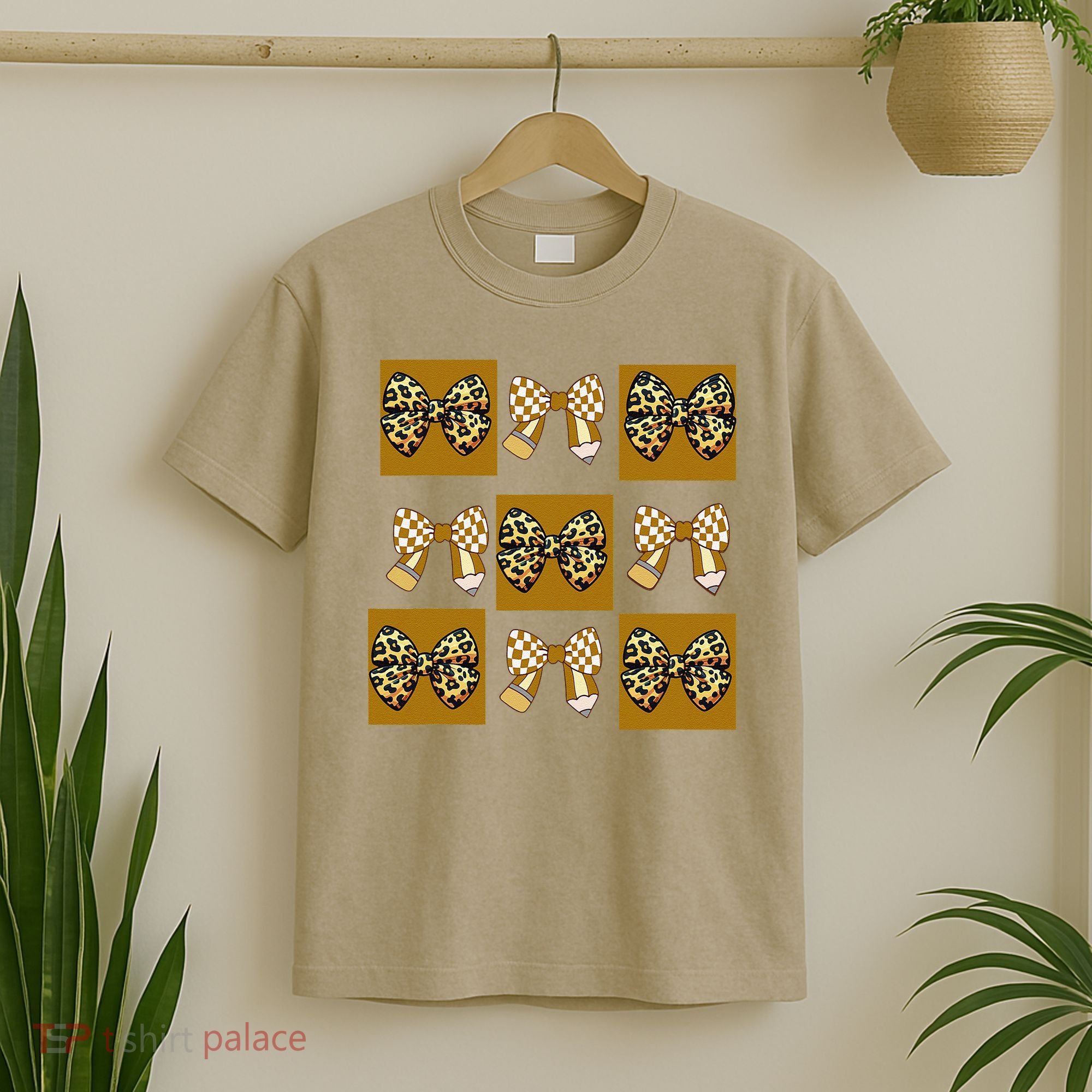 Cute Checkered Grid Leopard Coquette Bow PencilFirst Grade T-Shirt