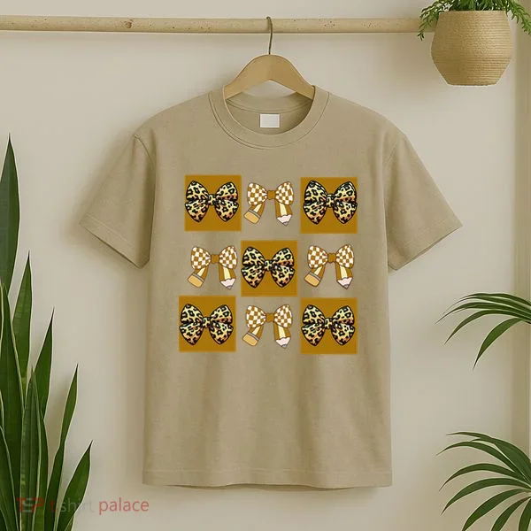 Cute Checkered Grid Leopard Coquette Bow PencilFirst Grade T-Shirt