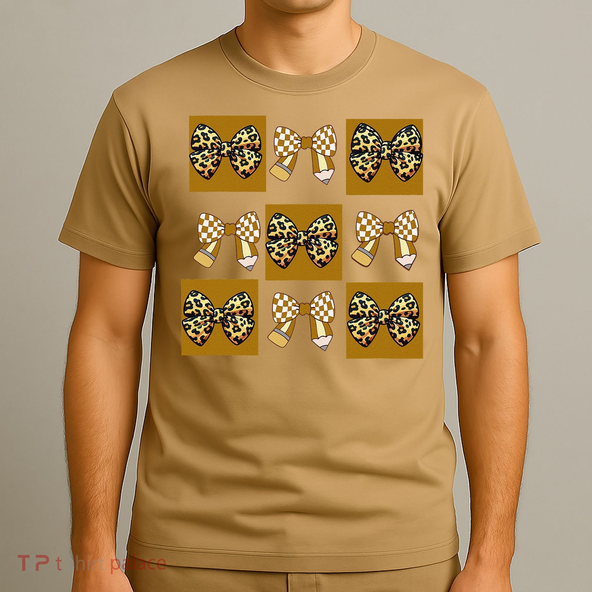 Cute Checkered Grid Leopard Coquette Bow PencilFirst Grade T-Shirt