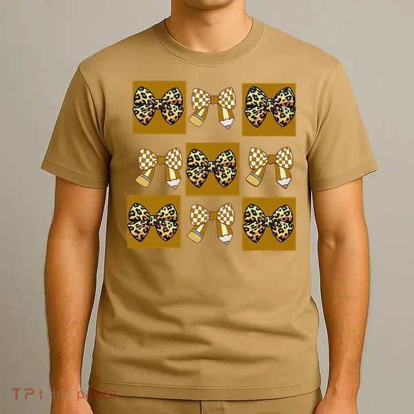 Cute Checkered Grid Leopard Coquette Bow PencilFirst Grade T-Shirt