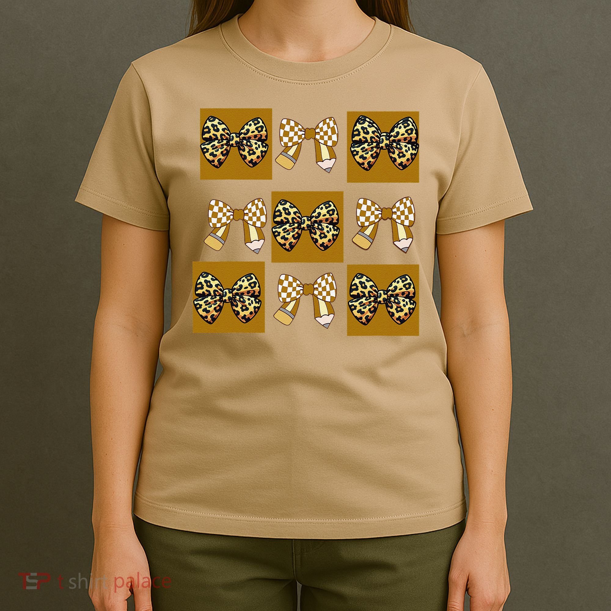 Cute Checkered Grid Leopard Coquette Bow PencilFirst Grade T-Shirt
