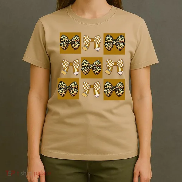 Cute Checkered Grid Leopard Coquette Bow PencilFirst Grade T-Shirt