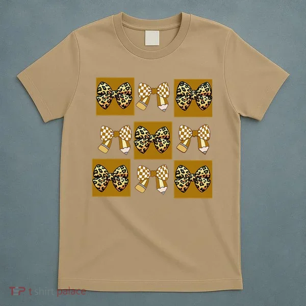 Cute Checkered Grid Leopard Coquette Bow PencilFirst Grade T-Shirt