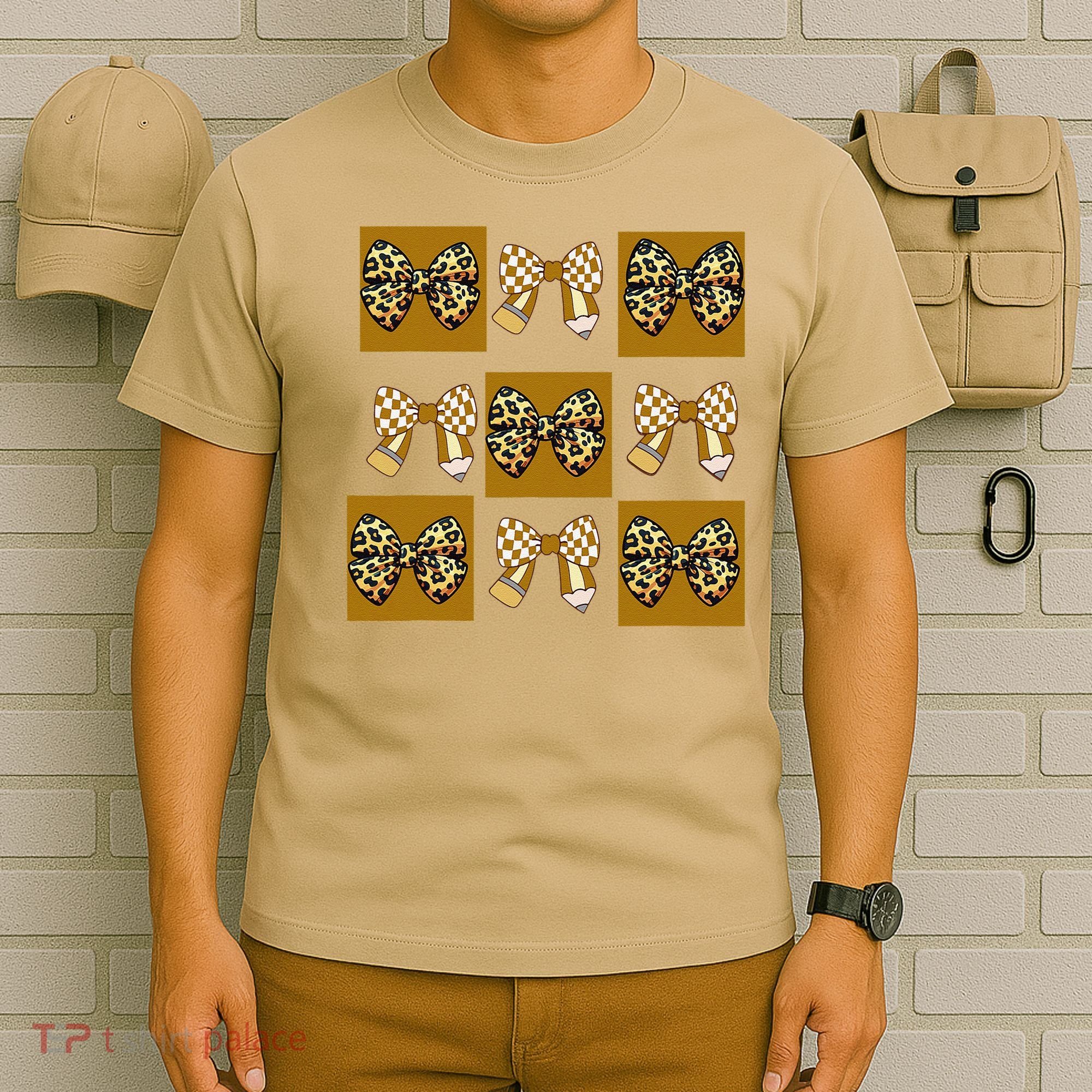 Cute Checkered Grid Leopard Coquette Bow PencilFirst Grade T-Shirt