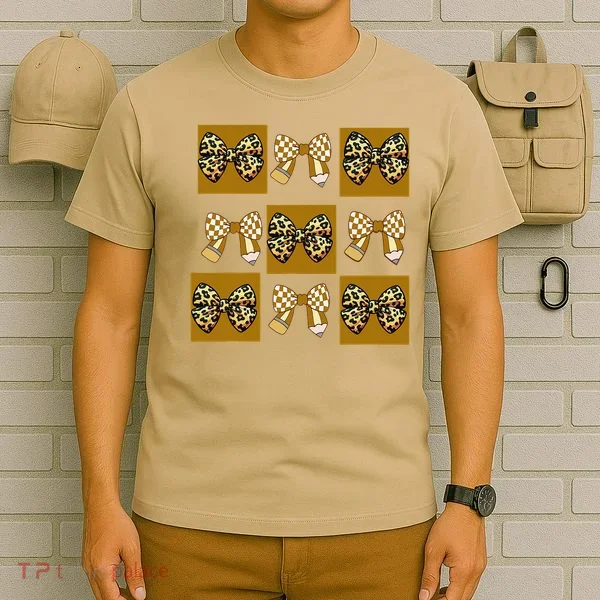 Cute Checkered Grid Leopard Coquette Bow PencilFirst Grade T-Shirt