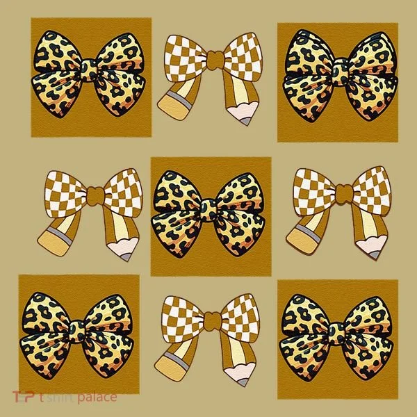 Cute Checkered Grid Leopard Coquette Bow PencilFirst Grade T-Shirt