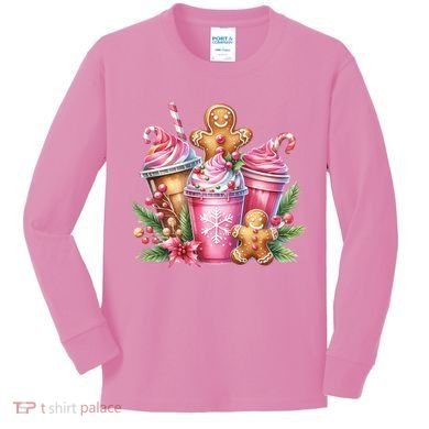 Cute Christmas Gingerbread Man Coffee Peppermint Latte Kids Long Sleeve Shirt