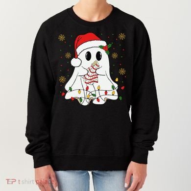 Cute Christmas Ghost Holding Tree Cake Candy Cane Xmas Light Women's Sweatshirt