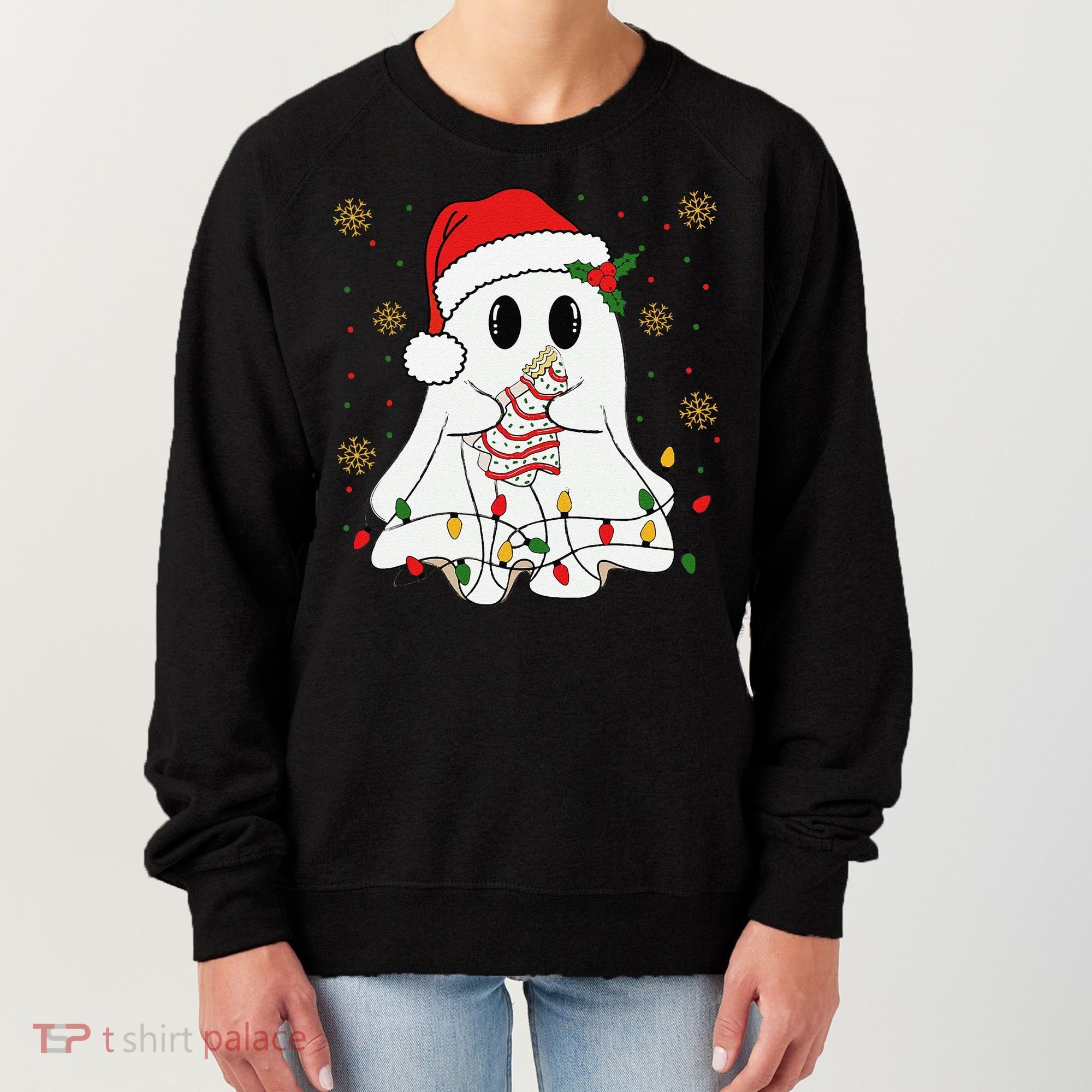 Cute Christmas Ghost Holding Tree Cake Candy Cane Xmas Light Women's Sweatshirt