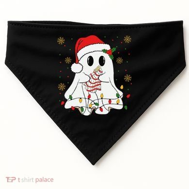 Cute Christmas Ghost Holding Tree Cake Candy Cane Xmas Light USA-Made Doggie Bandana
