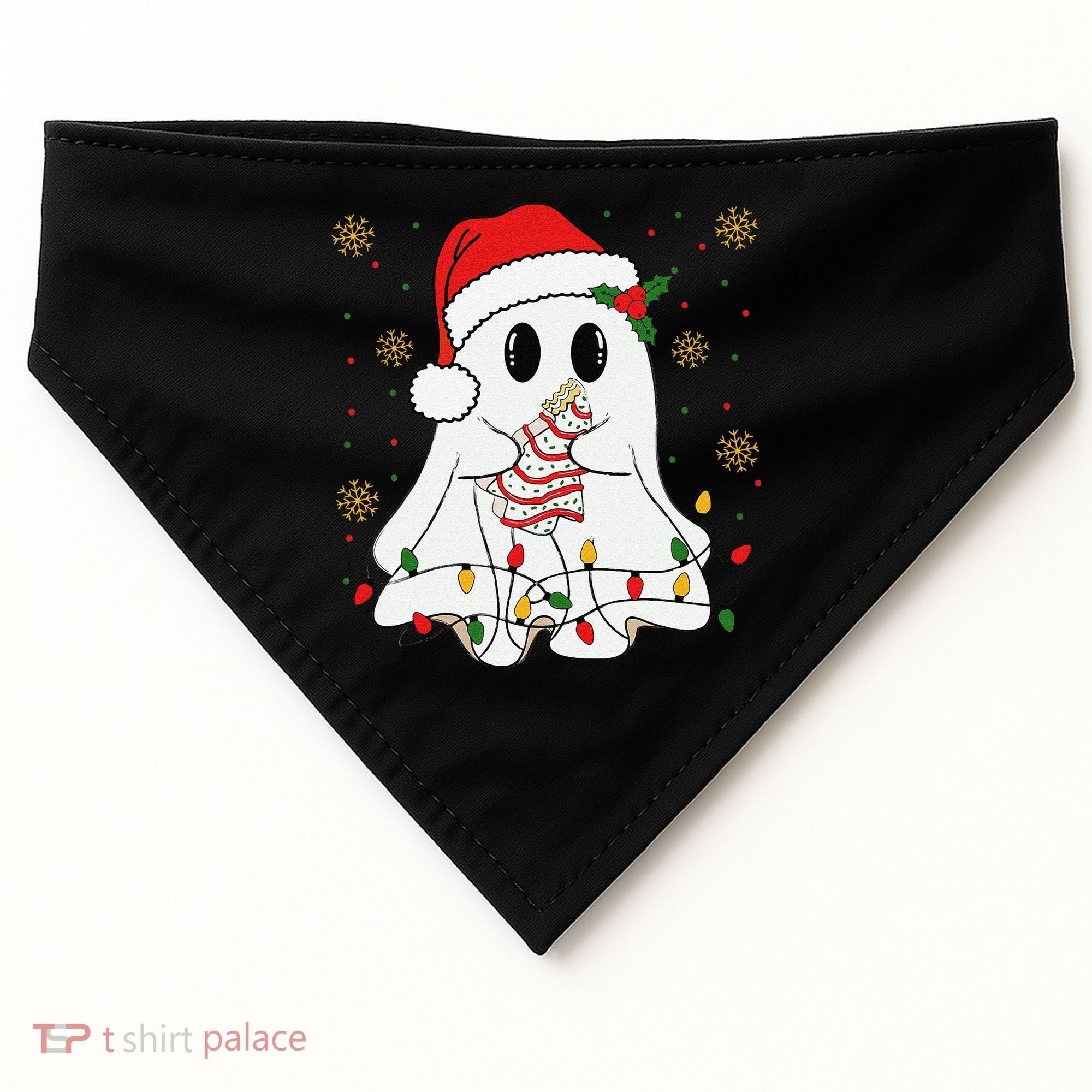 Cute Christmas Ghost Holding Tree Cake Candy Cane Xmas Light USA-Made Doggie Bandana