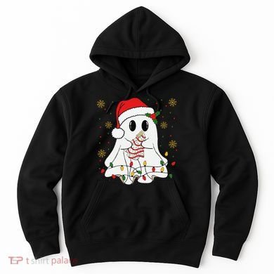 Cute Christmas Ghost Holding Tree Cake Candy Cane Xmas Light Hoodie