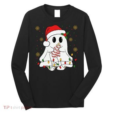 Cute Christmas Ghost Holding Tree Cake Candy Cane Xmas Light Long Sleeve Shirt