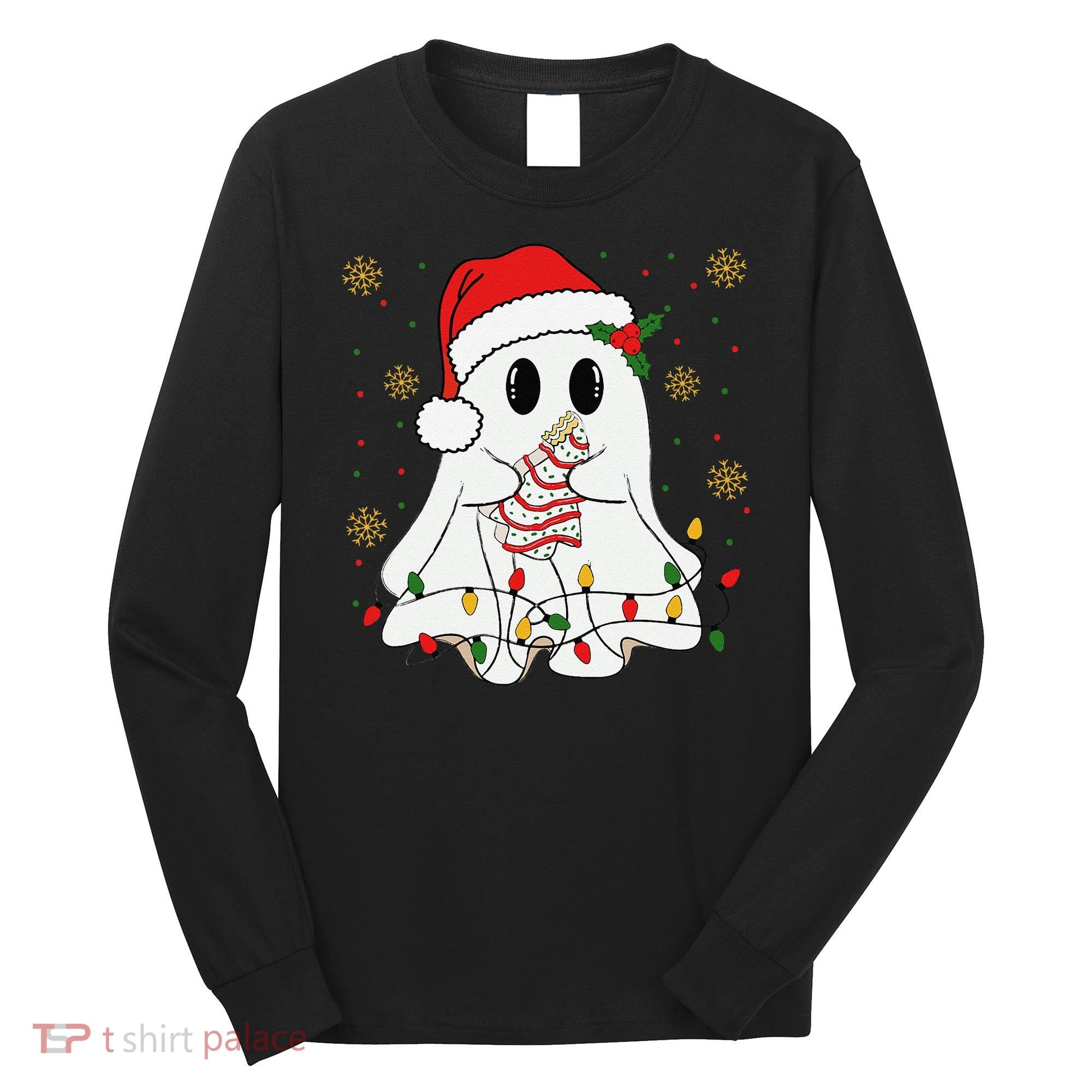 Cute Christmas Ghost Holding Tree Cake Candy Cane Xmas Light Long Sleeve Shirt