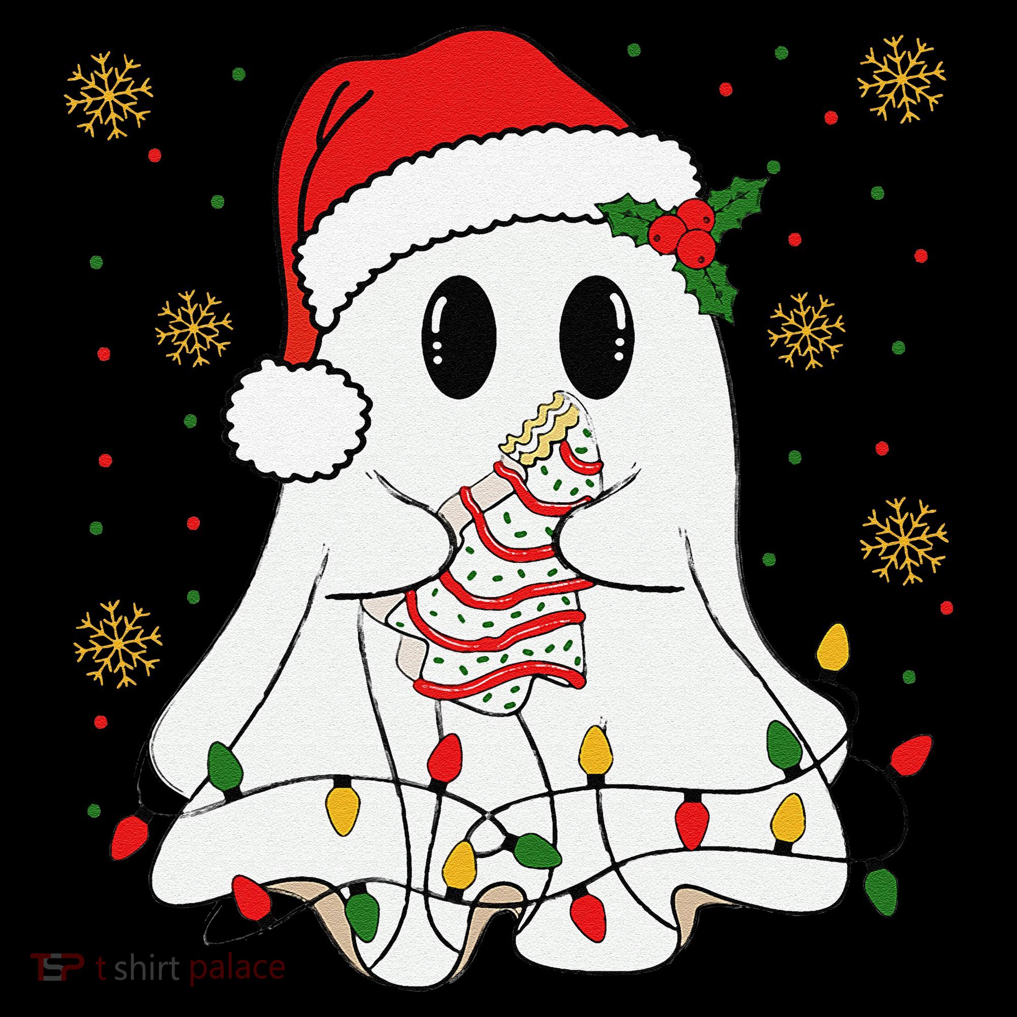 Cute Christmas Ghost Holding Tree Cake Candy Cane Xmas Light Long Sleeve Shirt